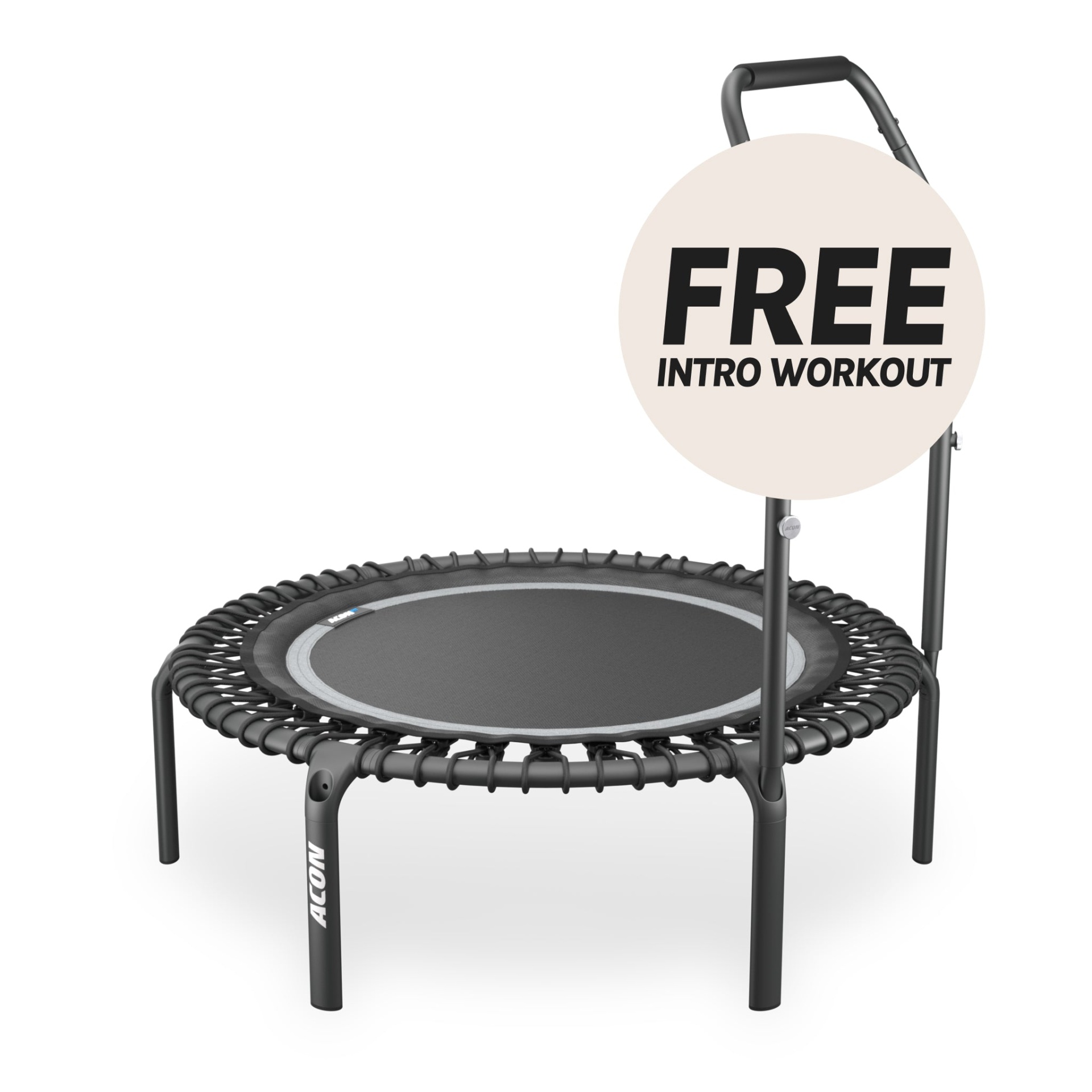 Trampolim de fitness preto com pega acolchoada e texto ACON nas pernas.