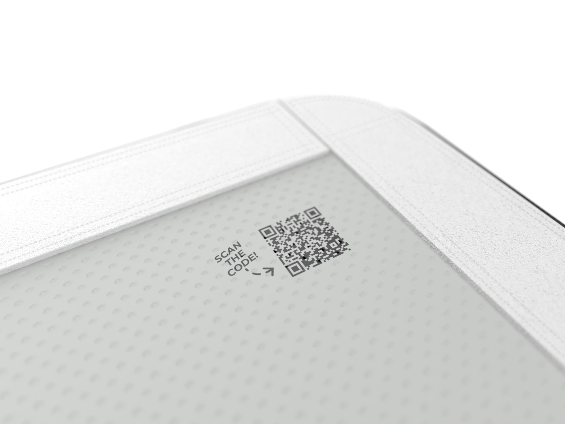 Canto de colchão branco com código QR e texto SCAN THE CODE