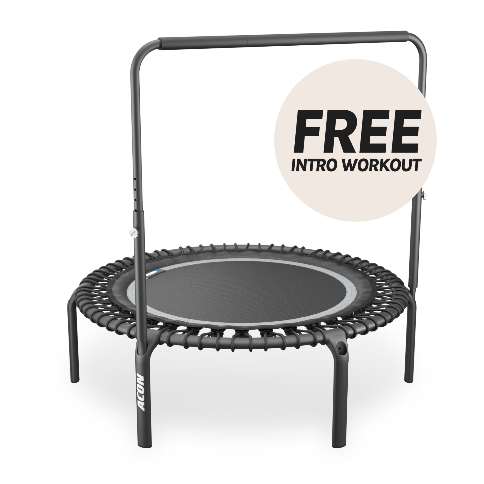 Mini trampolim cinzento com armação preta e barra de apoio ajustável e texto FREE INTRO WORKOUT