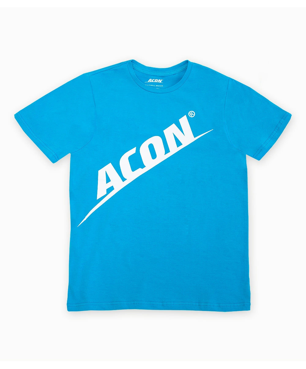 T-shirt azul com logo branco ACON