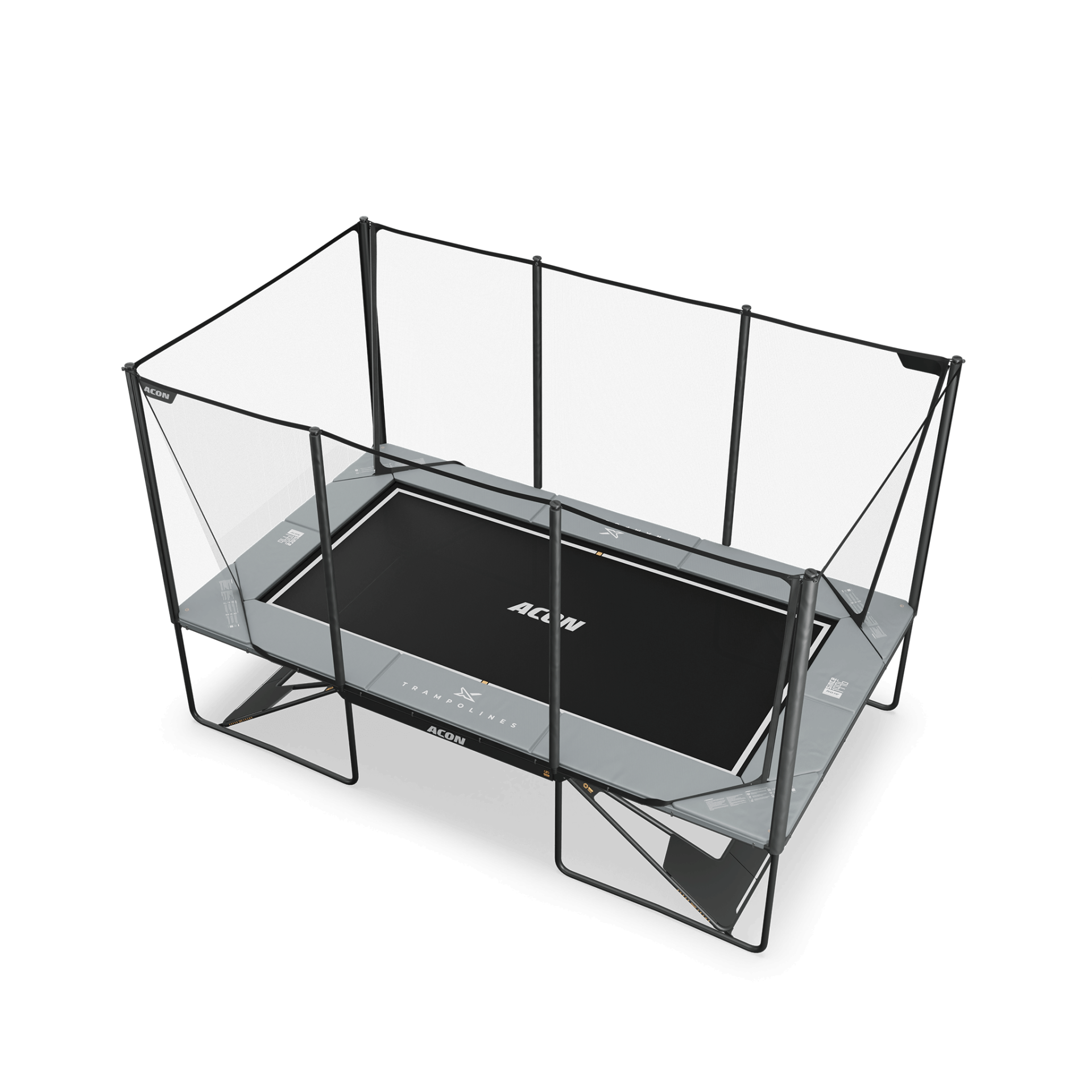 Trampolim retangular cinza e preto com rede de proteção preta