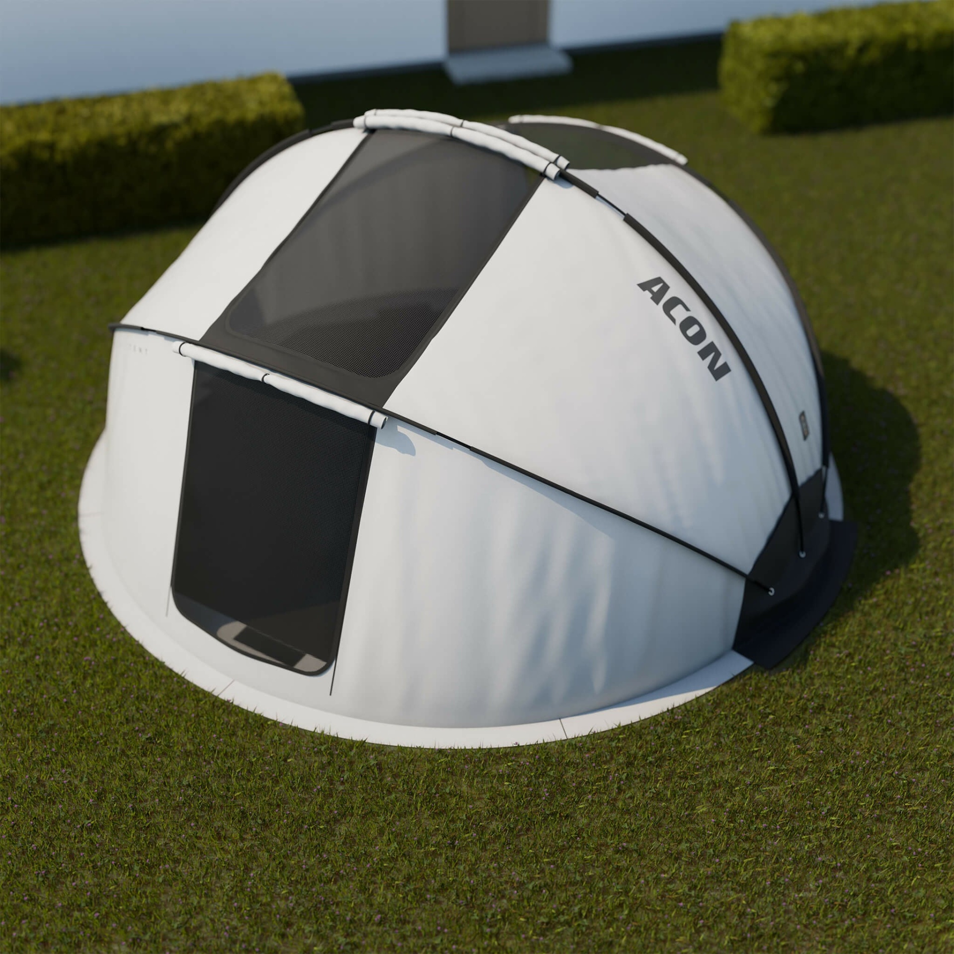 Tenda de campismo branca e cinza ACON com janelas e estrutura em aço em relvado