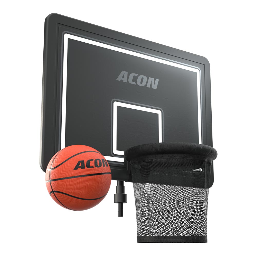 Conjunto de basquetebol com tabela preta, cesto com rede preta e bola laranja ACON