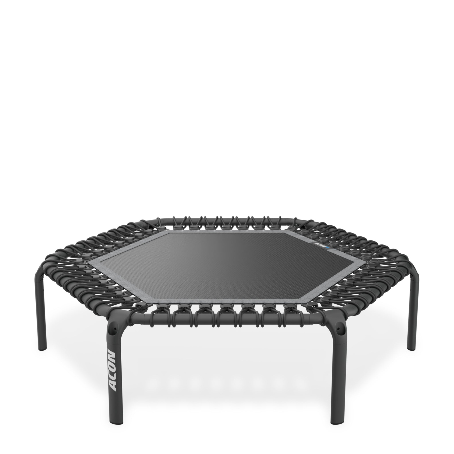 Mini trampolim hexagonal preto com estrutura metálica e cordas elásticas.