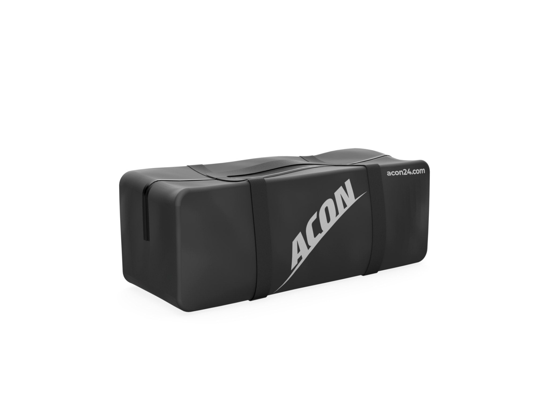 Bolsa de transporte preta com alça e texto ACON