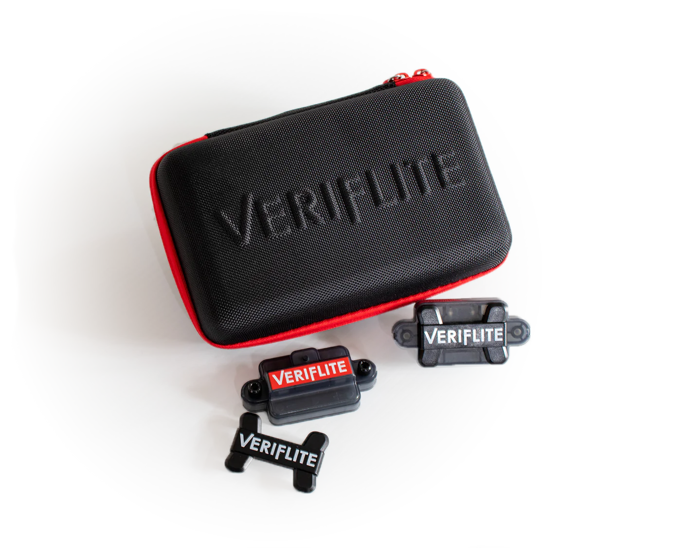 Estojo preto com fecho vermelho e acessórios com logótipo VERIFLITE