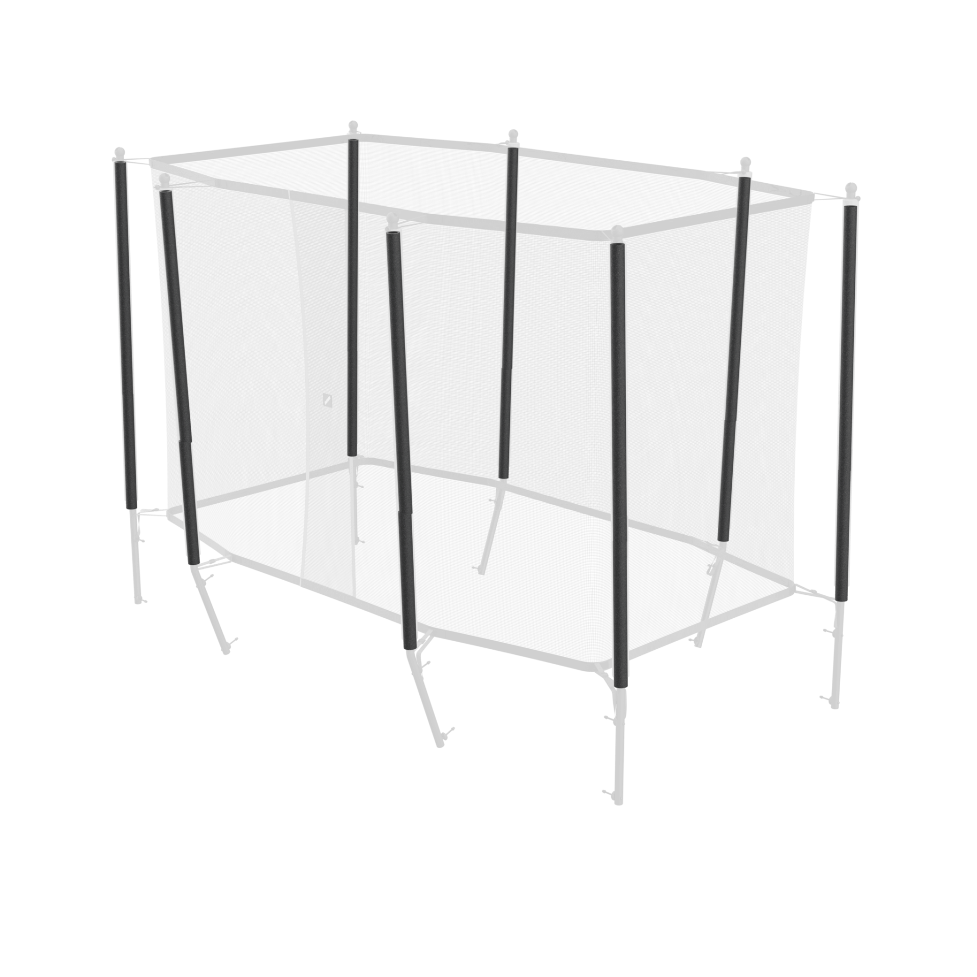 Estrutura de cama elástica com armação de metal branca e tubos pretos verticais