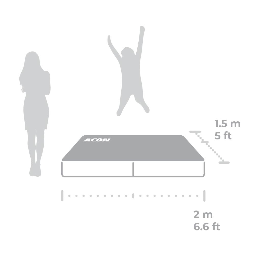 Colchão cinza ACON com dimensões 2m x 1,5m e silhuetas humanas para escala.