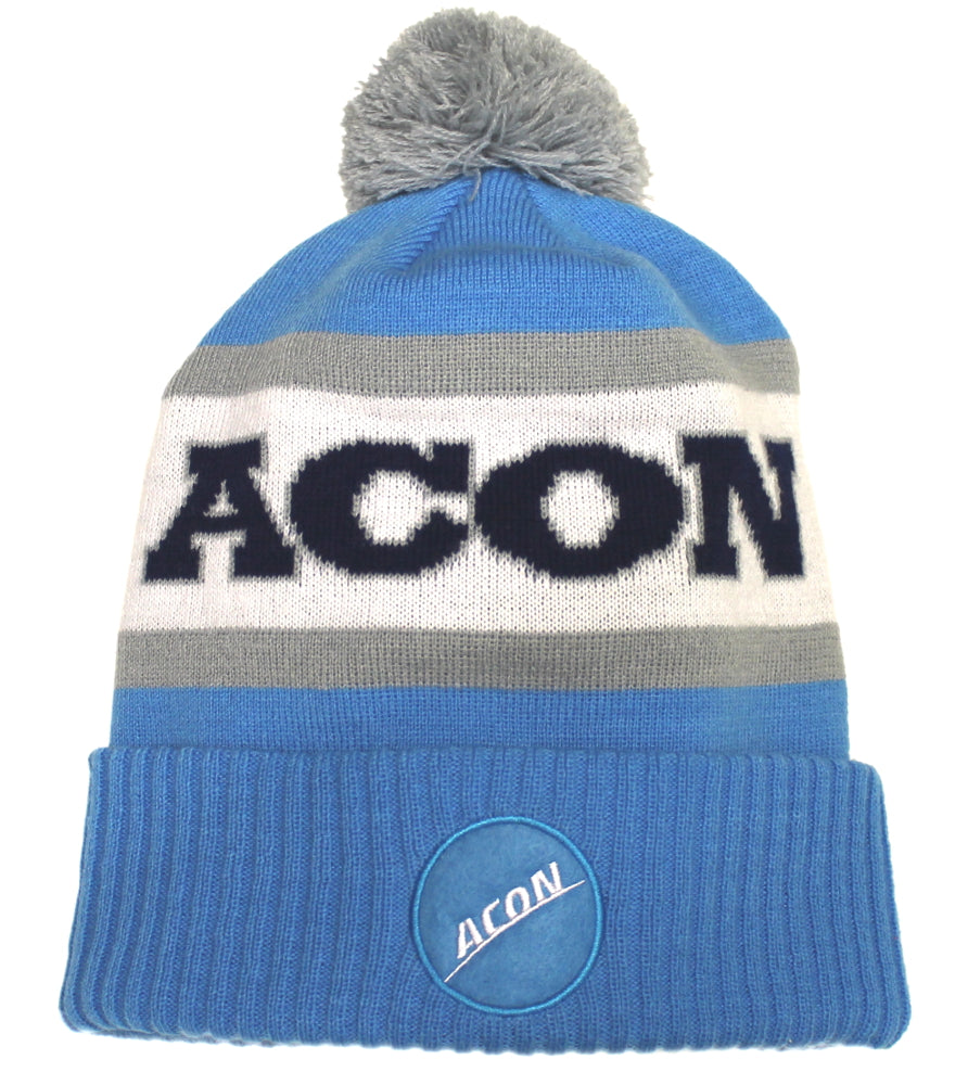 Gorro de malha azul com cinzento, branco, letras ACON e pompom cinzento