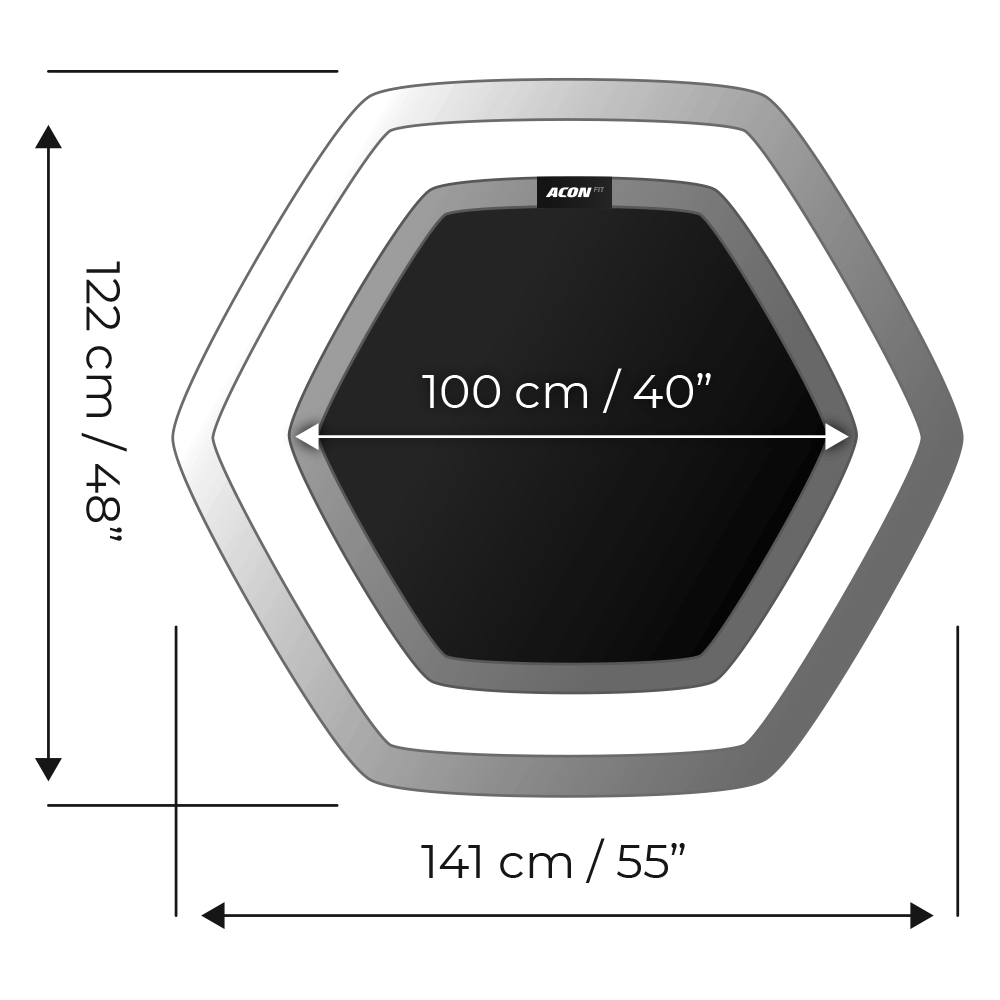Trampolim hexagonal preto e cinza da marca ACON FIT com dimensões e medidas indicadas.