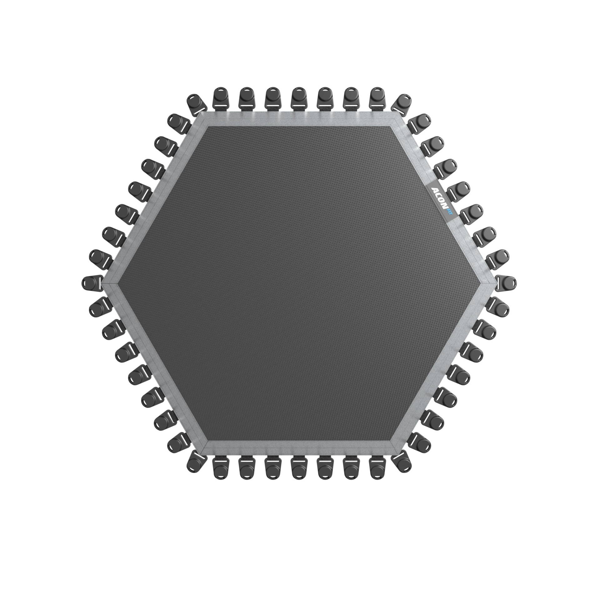 Mini trampolim hexagonal preto e cinza com argolas pretas e texto ACONFIT