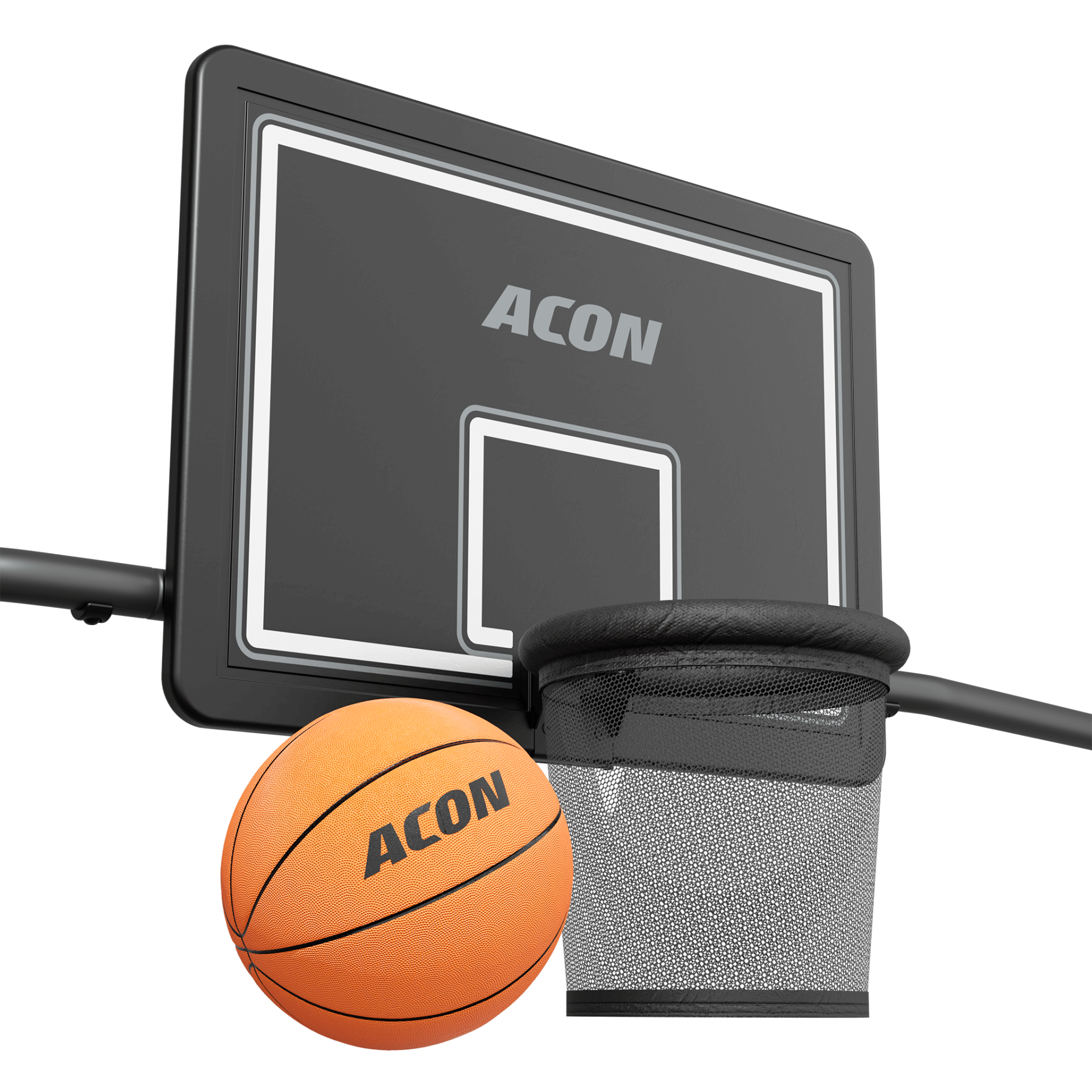 Tabela de basquetebol preta com bola laranja e aro preto