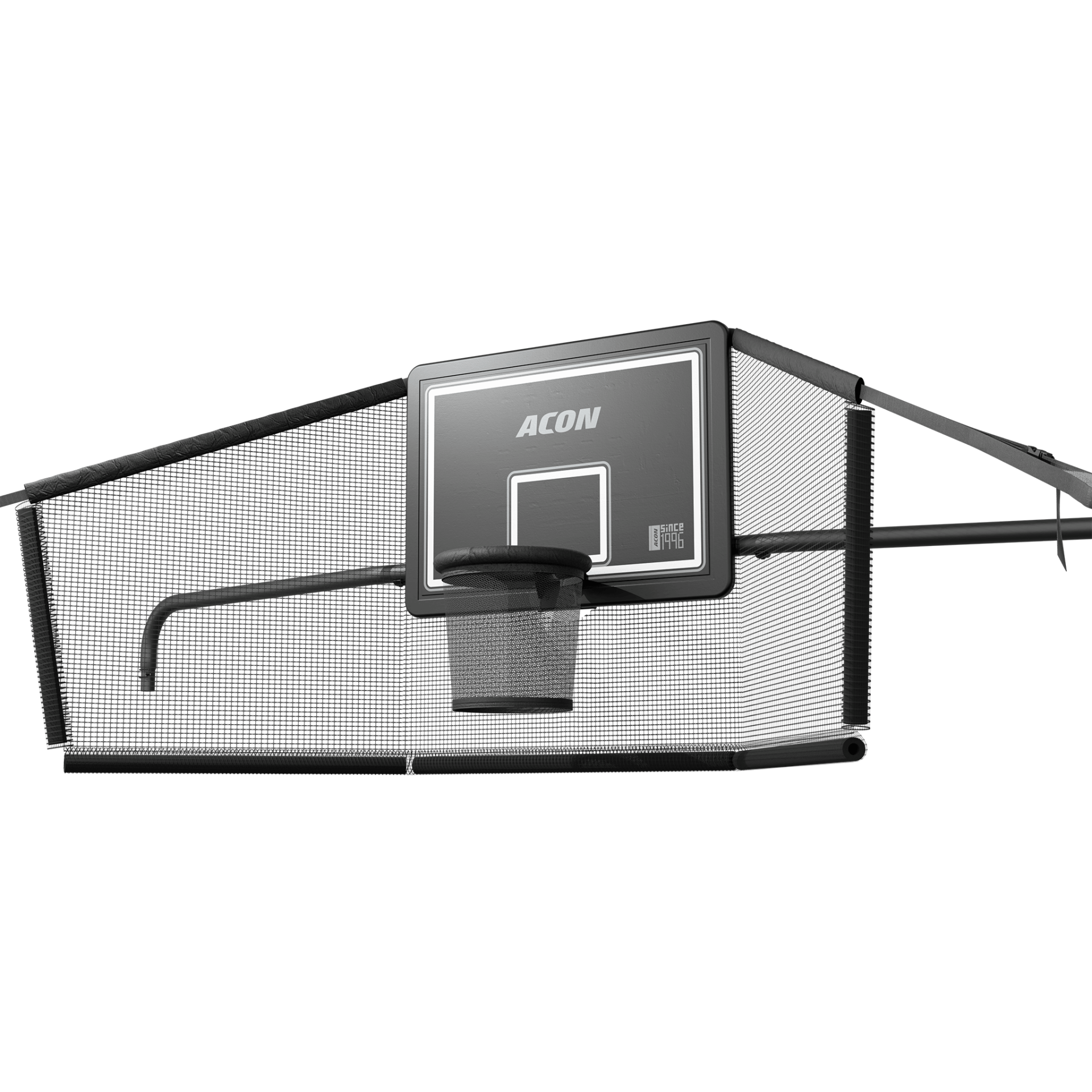 Tabela de basquetebol preta com aro e rede preta, dentro de estrutura tubular e rede de proteção preta.