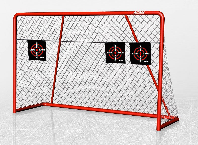 Baliza de hockey vermelha com rede e três alvos com design de mira e texto ACON WAVE