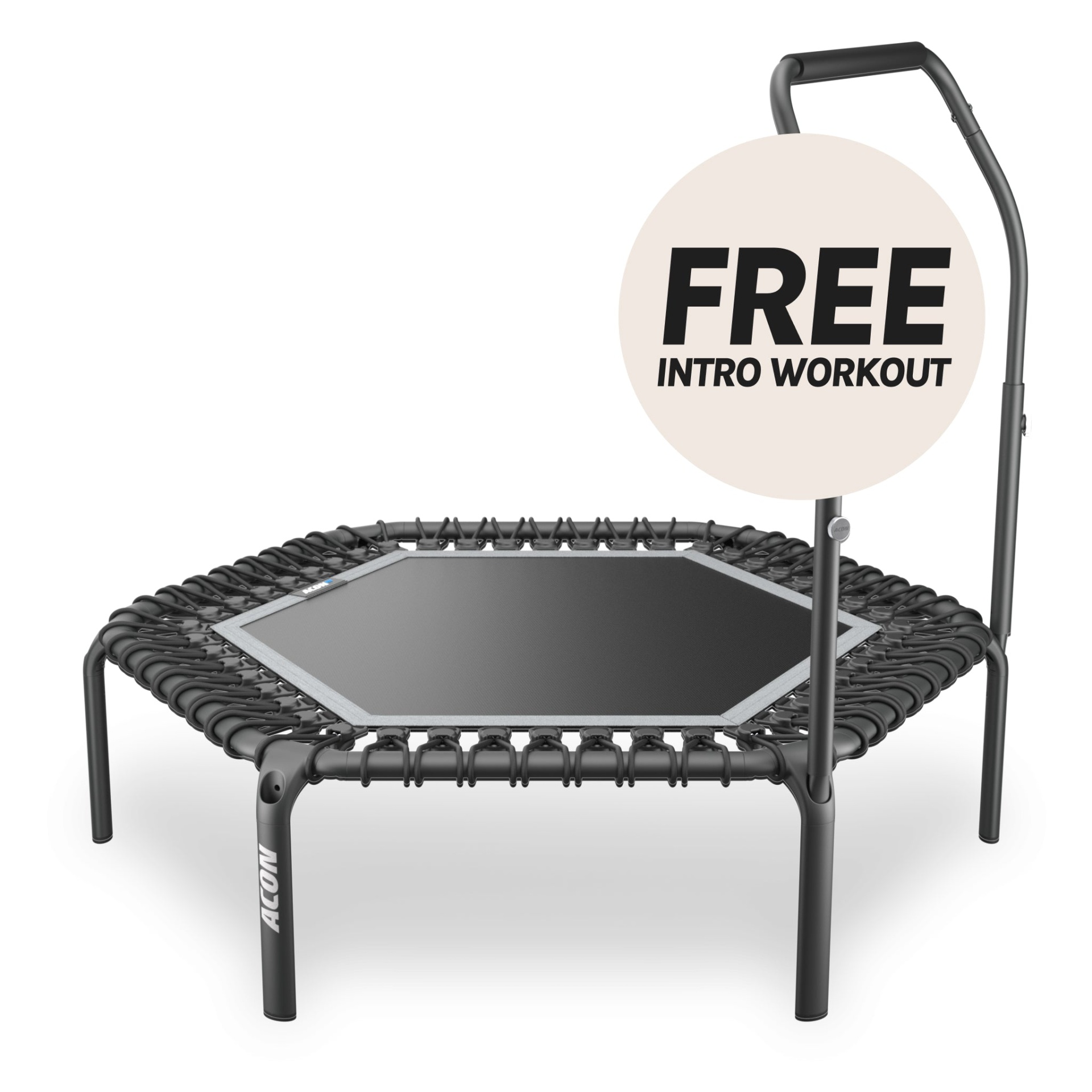 Mini trampoline de fitness preta com pega e texto promocional.