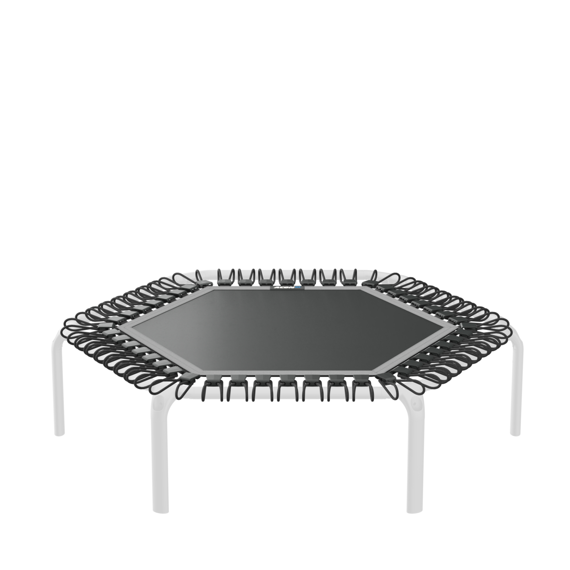 Mini trampolim preto e branco com molas elásticas e etiqueta ACON FIT