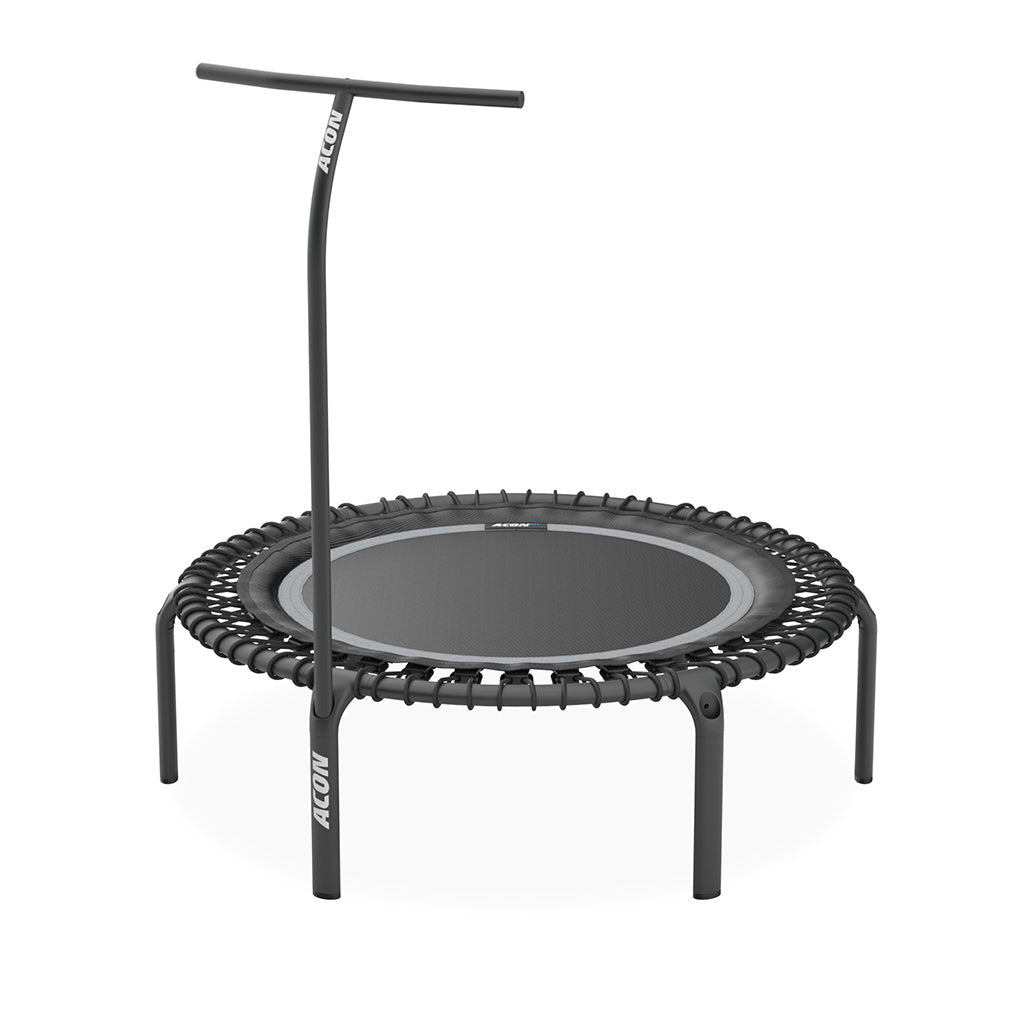 Mini trampolim preto com pega vertical e estrutura metálica
