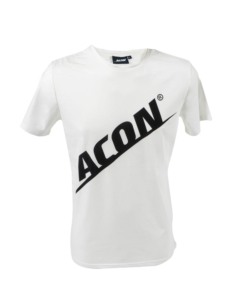 T-shirt branca com estampa preta ACQN® na diagonal