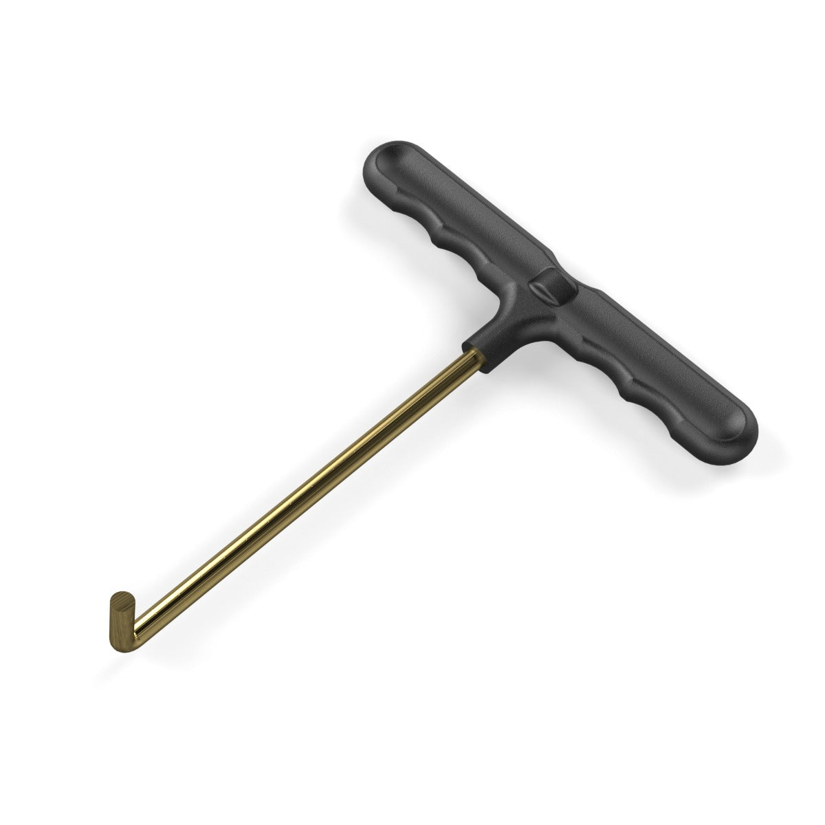 Ferramenta com cabo preto ergonómico e haste metálica dourada com gancho.