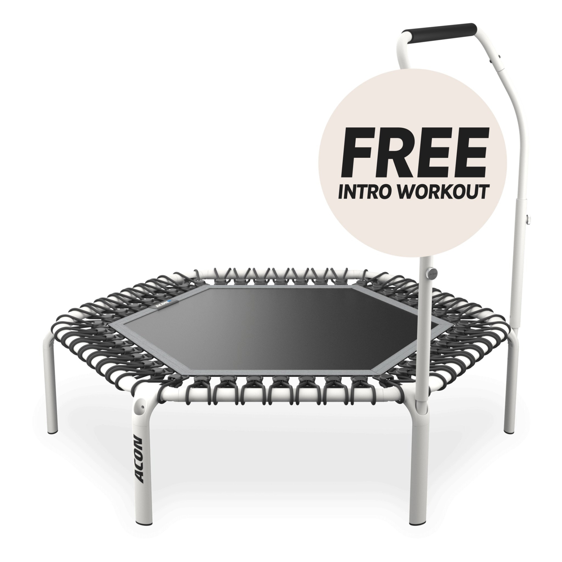 Mini trampolim fitness branco com elásticos pretos e barra de apoio, texto FREE INTRO WORKOUT.