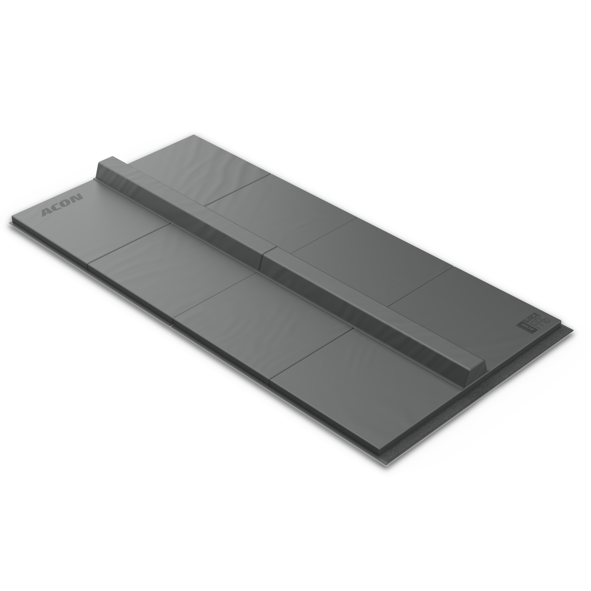 Módulo de tatami acolchoado cinza com texto ACQN e SENSE MODULAR SYSTEM.