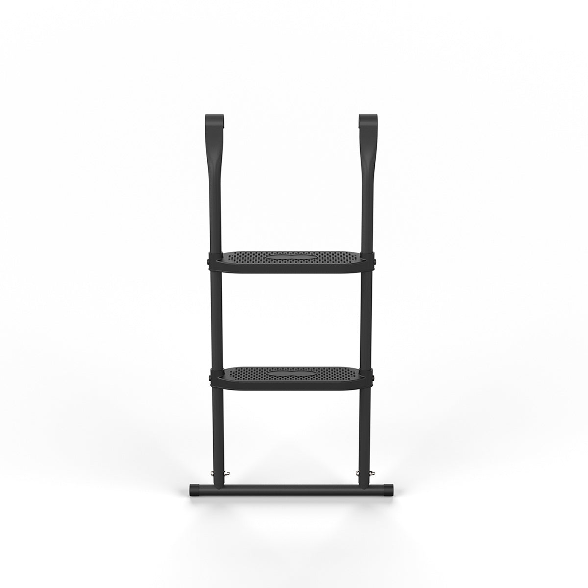 Escada preta de dois degraus em metal com base tubular horizontal