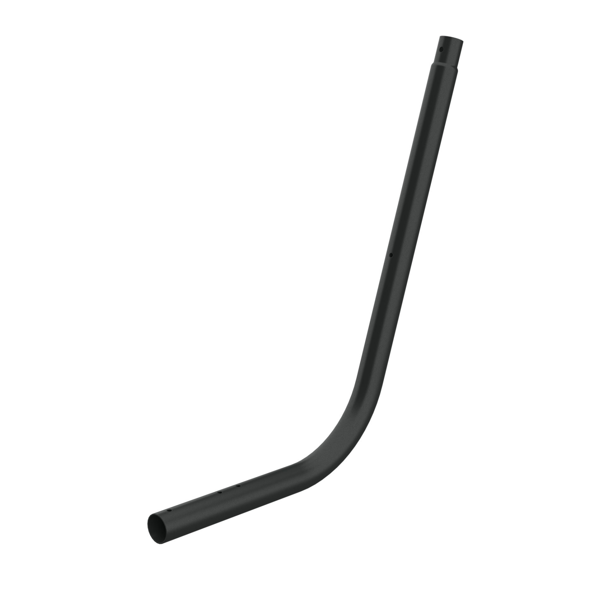Tubo metálico preto curvado com vários pequenos orifícios.