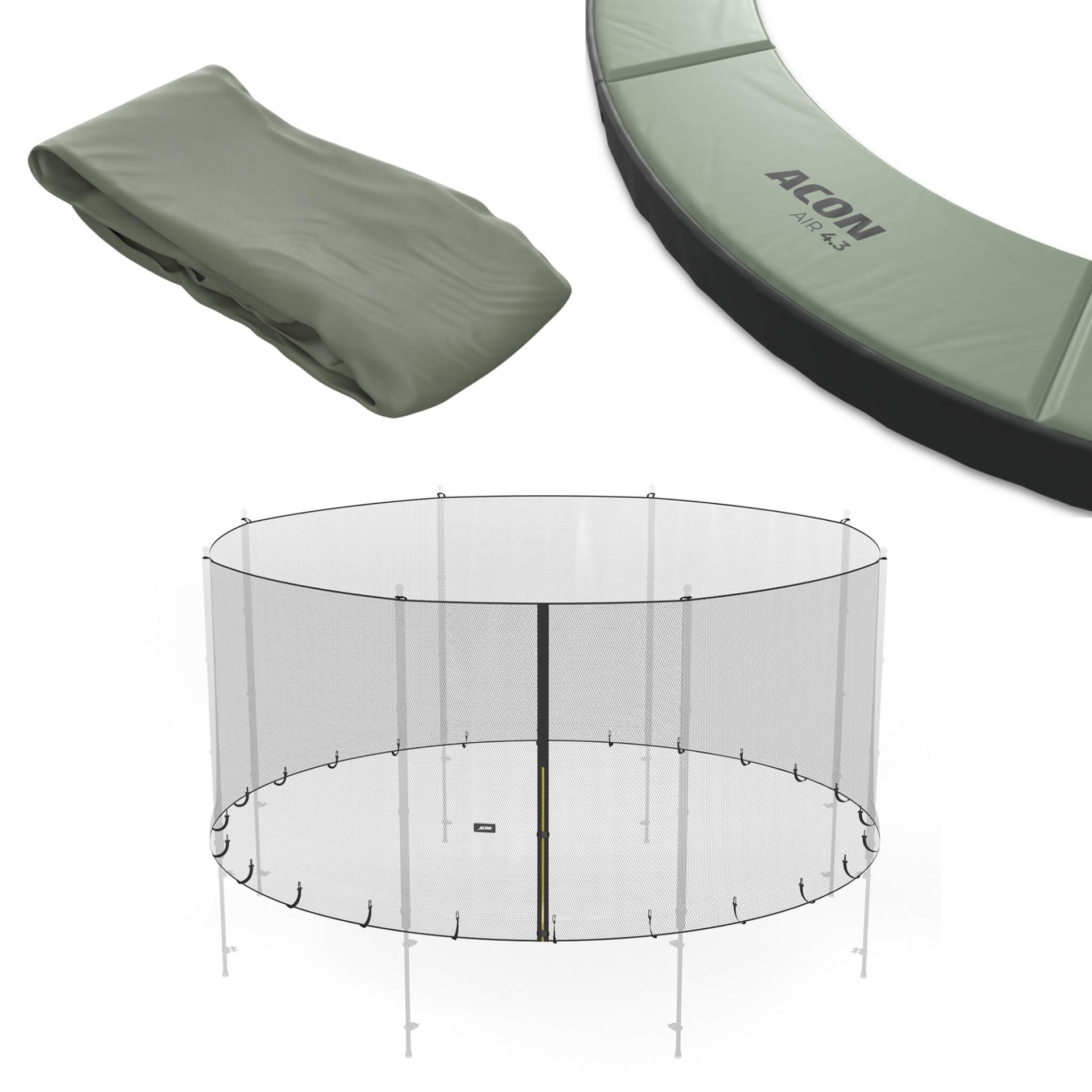 Colchão dobrável e inflável cinza e verde com texto ACON AIR 4.3 e rede circular de proteção cinza com estrutura metálica.