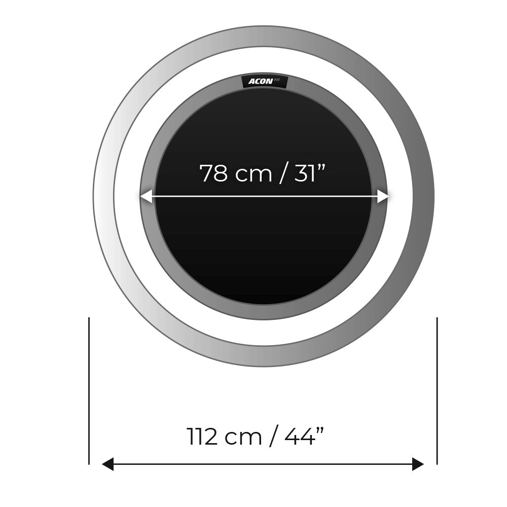 Círculo preto com aro cinzento e medidas, marca ACON FIT.