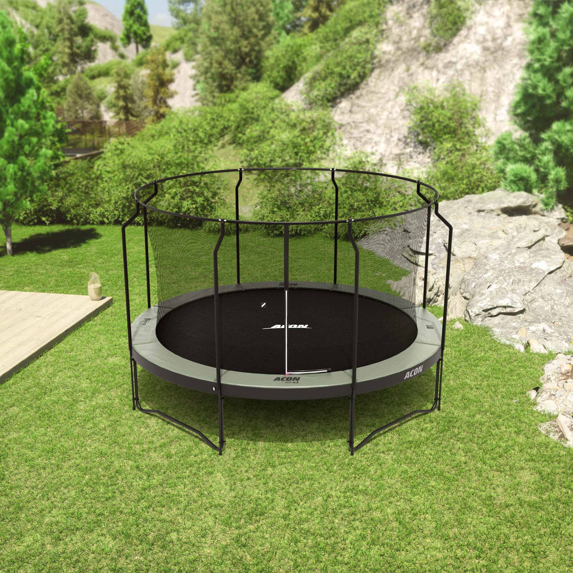 Trampolim redondo preto com rede de segurança num jardim verde