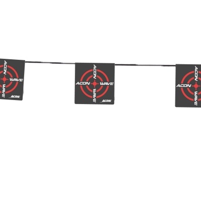 Etiquetas quadradas cinzentas escuras com alvo vermelho e texto branco ACON WAVE penduradas em fio