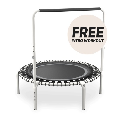 Mini trampolim desportivo branco com barra de apoio e texto FREE INTRO WORKOUT