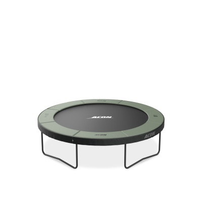 Mini trampolim redondo com superfície preta e borda verde acolchoada