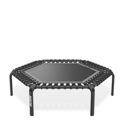 Mini trampolim hexagonal preto com estrutura metálica e cordas elásticas.