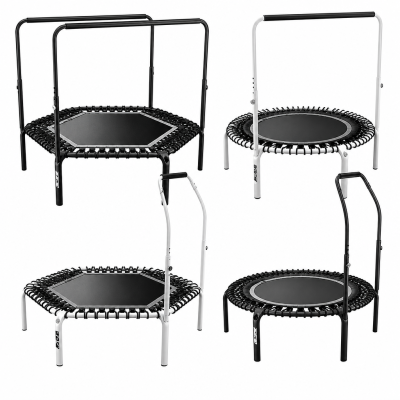 Quatro mini trampolins fitness com estrutura preta e branca e barandas ajustáveis.