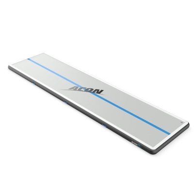 Tapete de ginástica inflável cinza com linha azul e texto ACON AIR