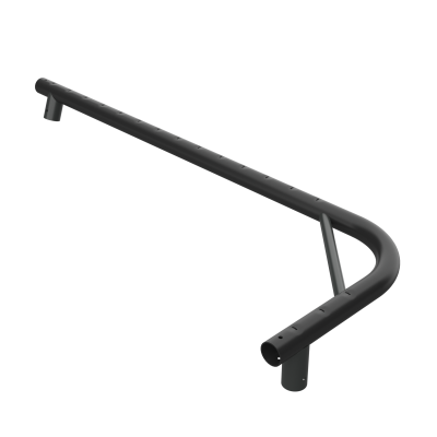 Barra tubular preta com suportes cilíndricos e design curvo sobre fundo preto