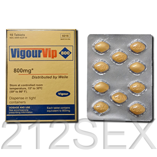 Medicamento VigourVip 800 com 10 tablets amarelos em blister e embalagem de cartão amarela.