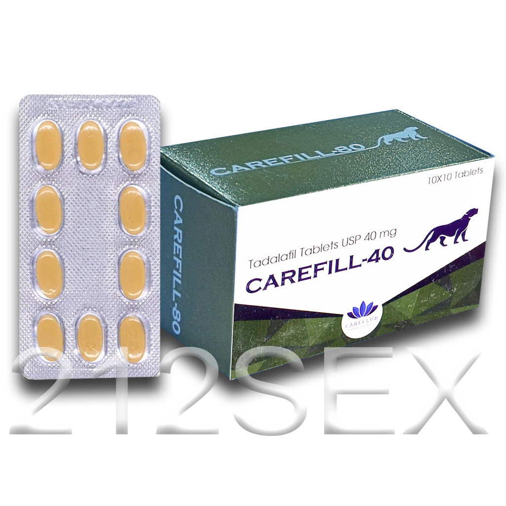 Caixa verde escura de medicamento Carefill-40 com blister de comprimidos amarelos