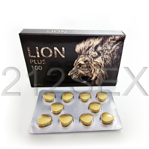 Pacote preto LION PLUS 100 com comprimidos amarelos em blister