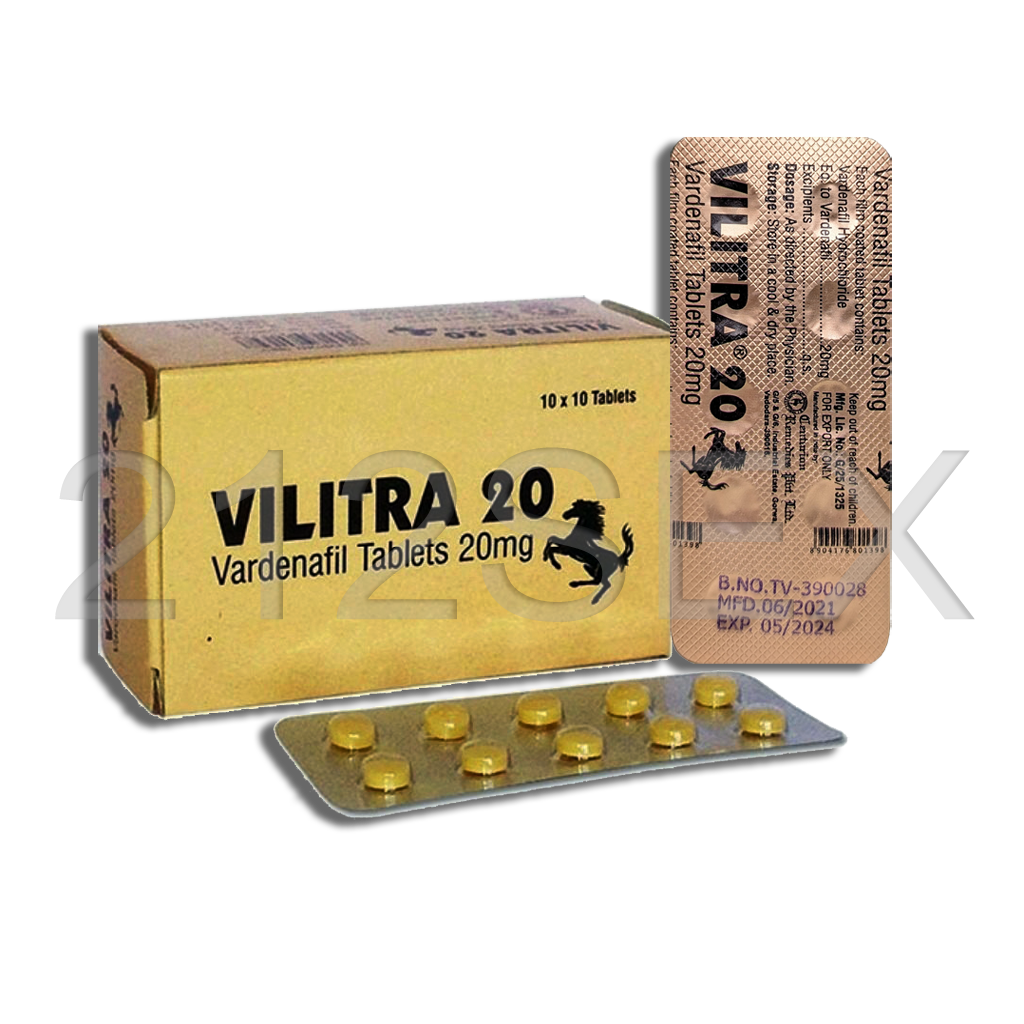 Embalagem amarela de VILITRA 20 com blister de comprimidos amarelos