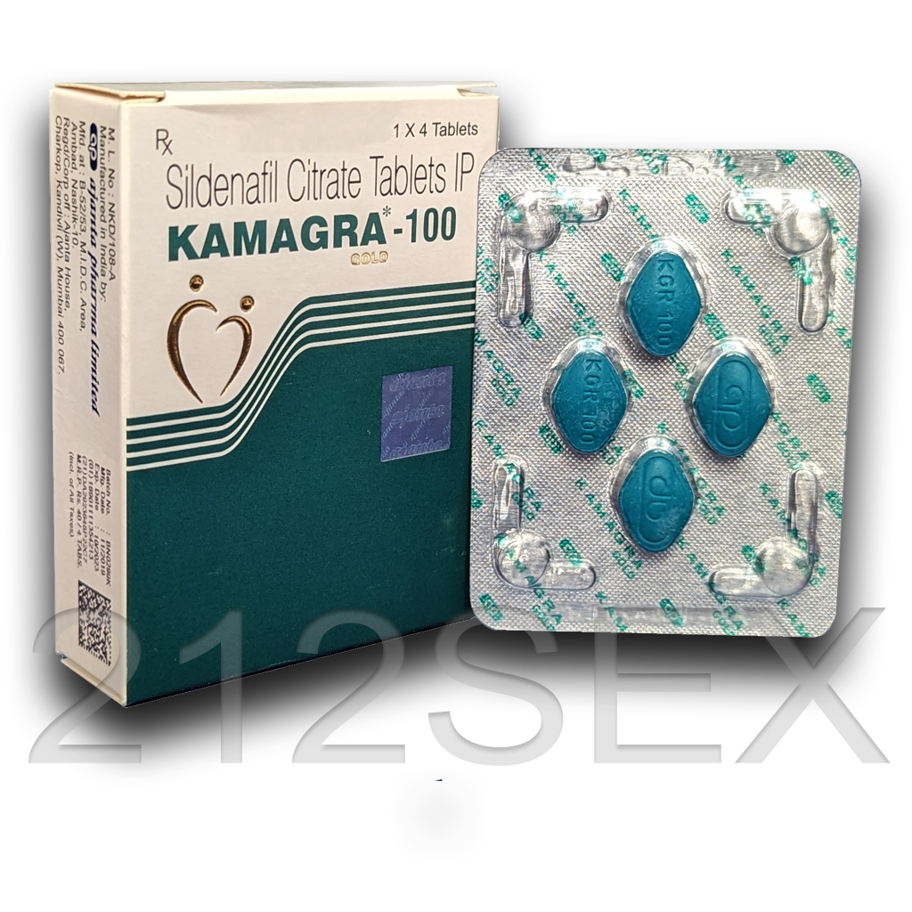 Medicamento Sildenafil Citrate Tablets IP KAMAGRA 100 com embalagem branca e verde e quatro comprimidos azuis em blister