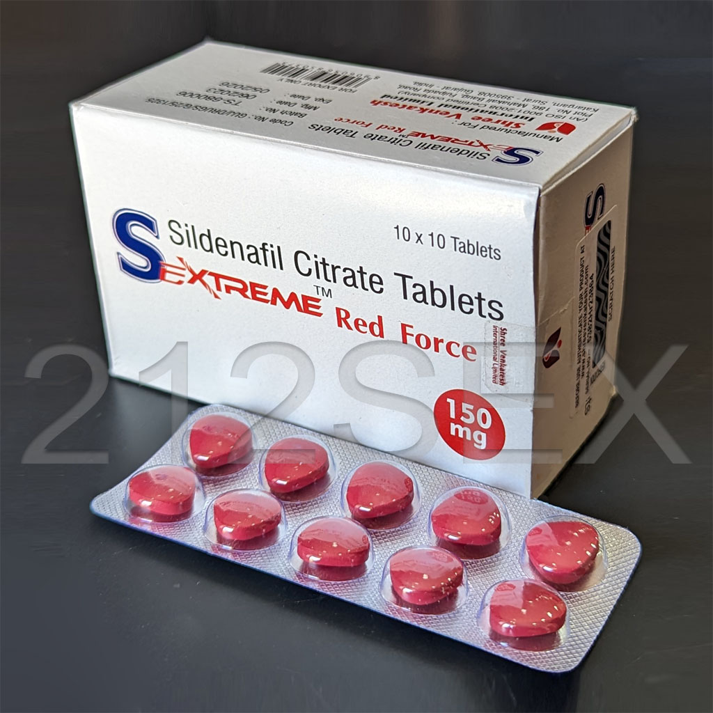 Embalagem de comprimidos Sildenafil Citrate Tablets SEXTREME Red Force 150 mg com blister de comprimidos vermelhos em forma de coração