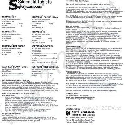 Embalagem e folheto das pastilhas Sildenafil Tablets Extreme com várias dosagens e instruções