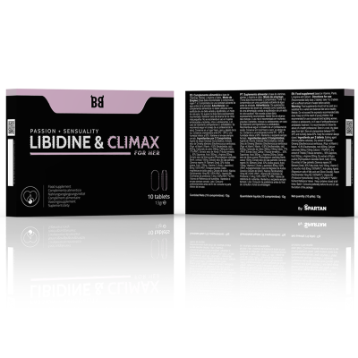 Embalagem preta e rosa do suplemento LIBIDINE & CLIMAX FOR HER com 10 comprimidos.
