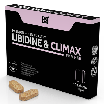 Embalagem de suplemento alimentar LIBIDINE & CLIMAX FOR HER com dois comprimidos visíveis