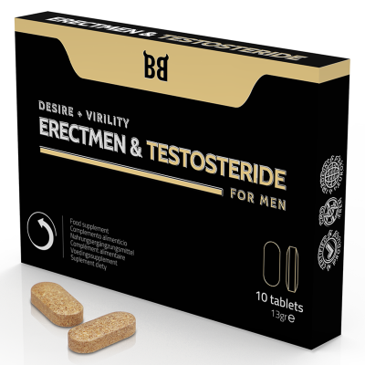 Embalagem preta e dourada de suplemento alimentar ERECTMEN & TESTOSTERIDE com dois comprimidos retangulares castanhos