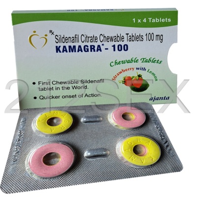 Blister de pastilhas mastigáveis Kamagra 100 mg com embalagem branca e verde.