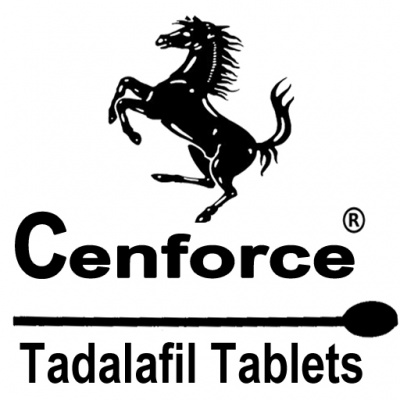Logótipo Cenforce com cavalo preto e texto 'Tadalafil Tablets'