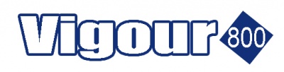 Logótipo azul com texto branco 'Vigour 800'